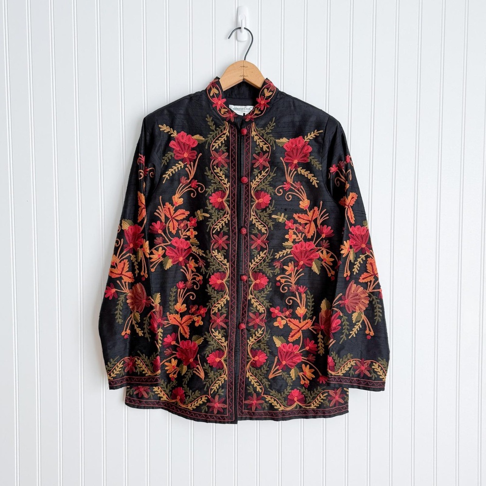 Coldwater Creek y2k vtg‎ black red embroidered floral silk jacket size XS-S